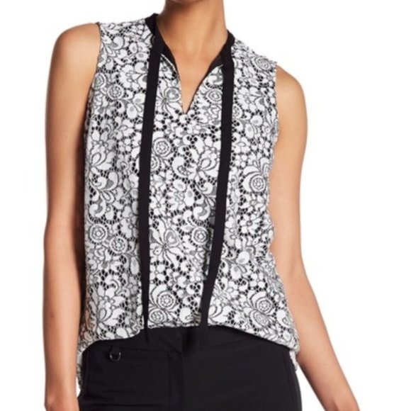 Adrianna Papell Sleeveless Pussycat Bow Tie-Neck Lace Top - Picture 3 of 13